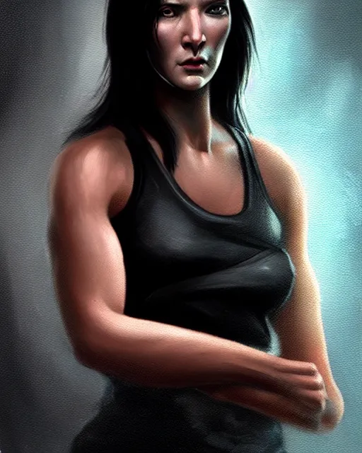 Prompt: female john wick wearing black halter top, perfect face, black hair, abs, cinematic, stunning, athletic, strong, agile, highly detailed, psychedelic, digital painting, artstation, smooth, hard focus, illustration, art by jessica rossier and and brian froud