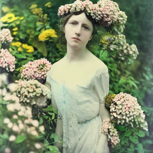 Image similar to portrait photograph of a very beautiful female model. symetric face. in a garden. flowers. autochrome Louis Lumières. detailed eyes. medium shot