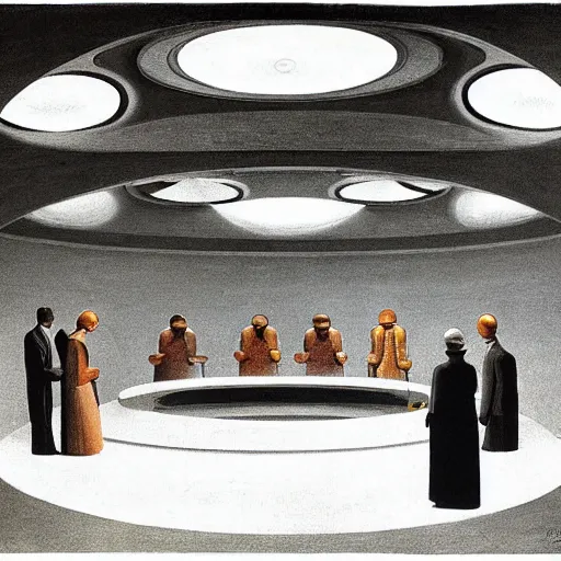 Image similar to scientists testing an experimental quantum plasma reactor in a dome - shaped control center, grant wood, pj crook, edward hopper, oil on canvas