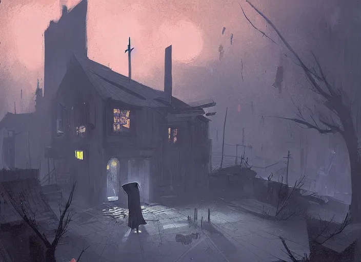 Prompt: A hooded figure approaches an abandoned tavern on a moonlit night, Ismail Inceoglu and Marius Borgeaud