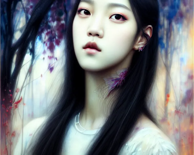 Image similar to jisoo from blackpink, portrait, highly detailed, deep focus, elegant, digital painting, smooth, sharp focus, illustration, ultra realistic, 8 k, art by karol bak and agnes cecile