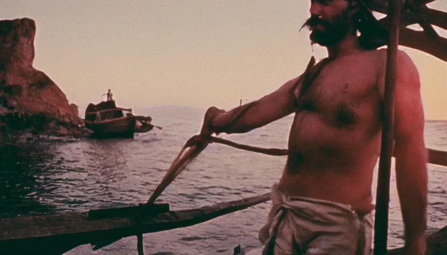 Image similar to 1 9 7 0 s movie still of a man in a barque in a stomach, cinestill 8 0 0 t