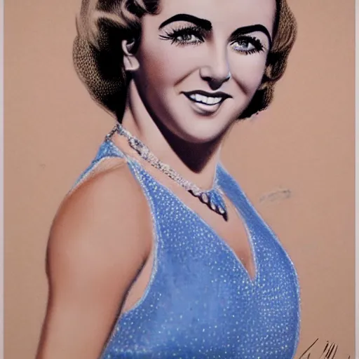 Image similar to a 1 9 3 0 s ultra - realistic color portrait. happy, healthy, beautiful, smiling, young, sporty, blonde, blue - eyed symmetric liz taylor in decent athletic wear. hyper - realistic detailed drawing