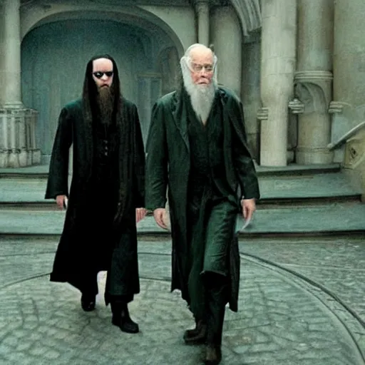 Prompt: Movie still of Albus Dumbledore in Matrix with shades