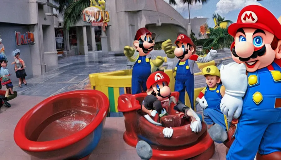 Prompt: 1990s photo of inside the Mario Plumbing experience ride at Universal Studios in Orlando, Florida, children riding through a giant Toilet while Mario fixed it with a plunger, cinematic, UHD