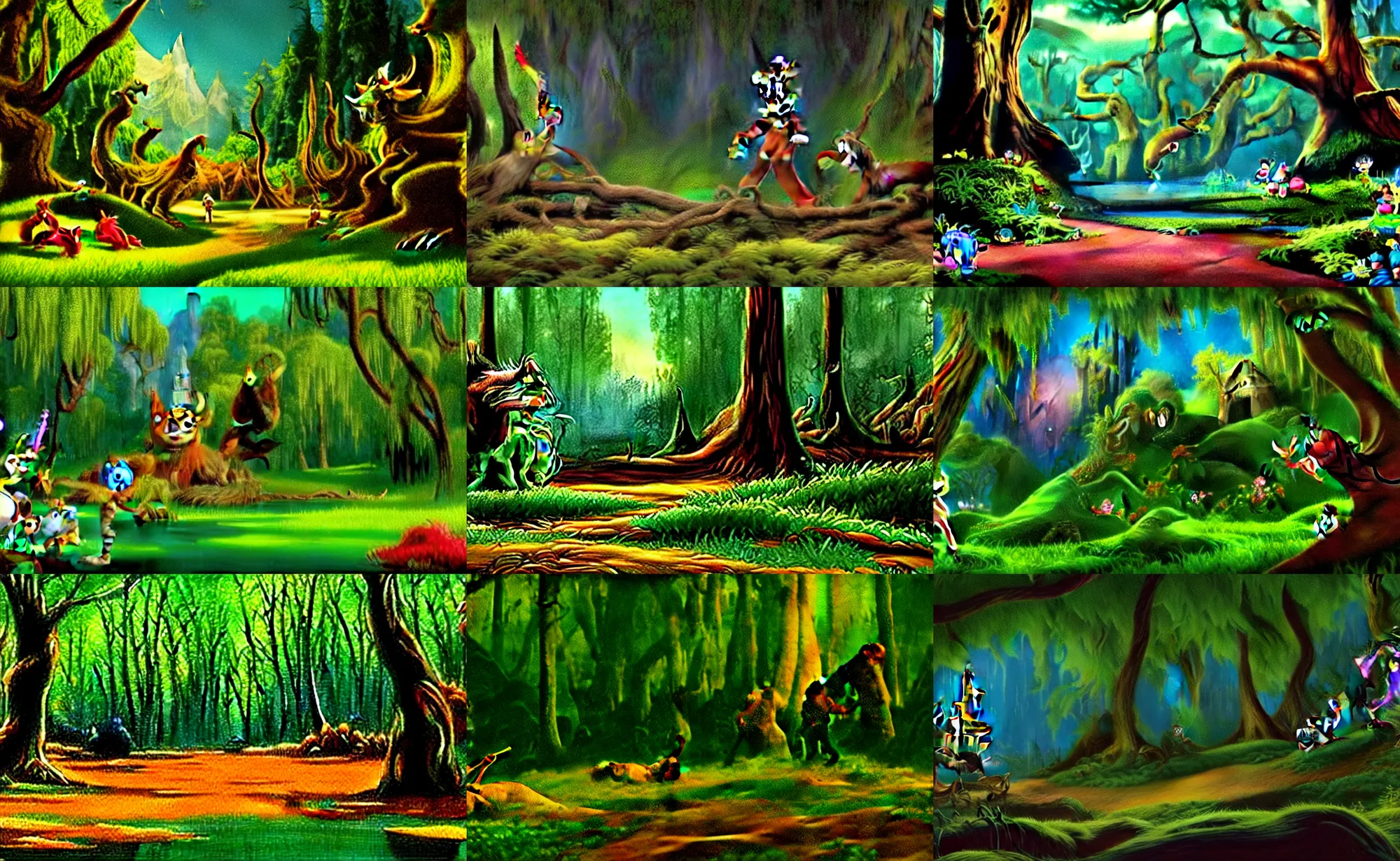 Prompt: Movie frame from the edgy Monster energy drink coloured Disney animated motion picture released in 1937, beautiful enchanted forest full of critters, directed by Walt Disney, highly detailed background paintings by Thomas Kinkade