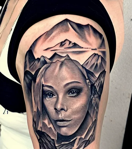 Image similar to realism tattoo sketch of a isabelledeltore face double exposure mountain scenery, in the style of matteo pasqualin, amazing detail, sharp, faded