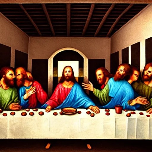 Image similar to The Last Supper but it's very creepy and distorted, dark color palette