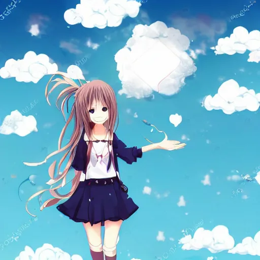 Prompt: cute anime girl looking in the sky surrounded by clouds