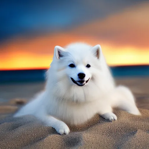 Image similar to a closeup photorealistic photograph of japanese spitz on the beach at sunset. this 4 k hd image is trending on artstation, featured on behance, well - rendered, extra crisp, features intricate detail and the style of unreal engine. golden hour