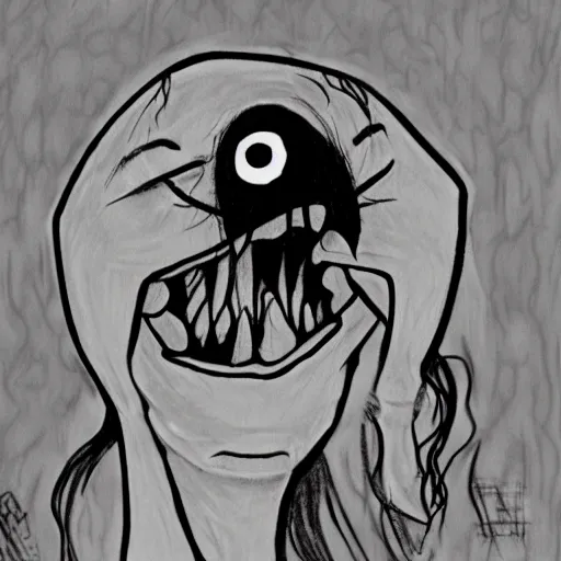 Image similar to grunge drawing of a happy raven in the style of the grudge | horror themed | loony toons style