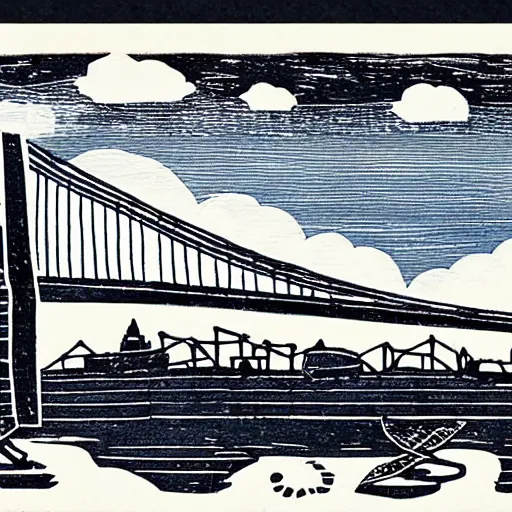 Prompt: small steel suspension bridge built in 1 9 2 8, side view, puffy clouds in background, seagulls floating in the sky, woodcut style, rubber stamp, 8 k