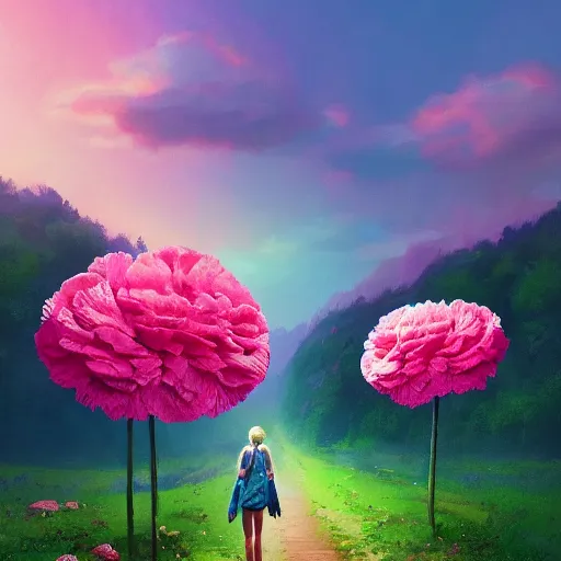 Prompt: giant carnation flower as a head, girl hiking in a lush valley, surreal photography, sunrise, dramatic light, impressionist painting, colorful clouds, digital painting, artstation, simon stalenhag