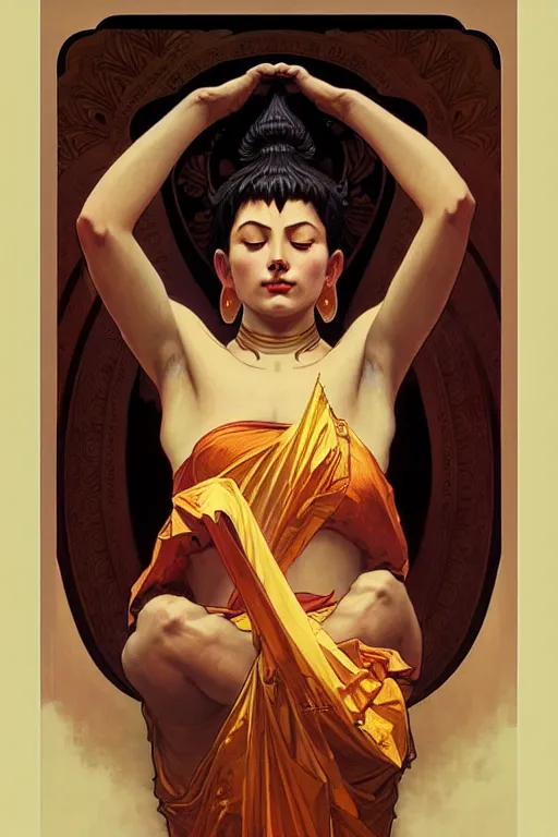 Image similar to buddhism, painting by greg rutkowski, artgerm, j. c. leyendecker, alphonse mucha