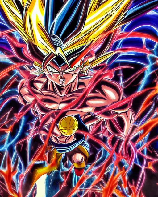 Image similar to detailed intense colorful illustration scene of brute super goku powering up turning into a super saiyan by dominic glover