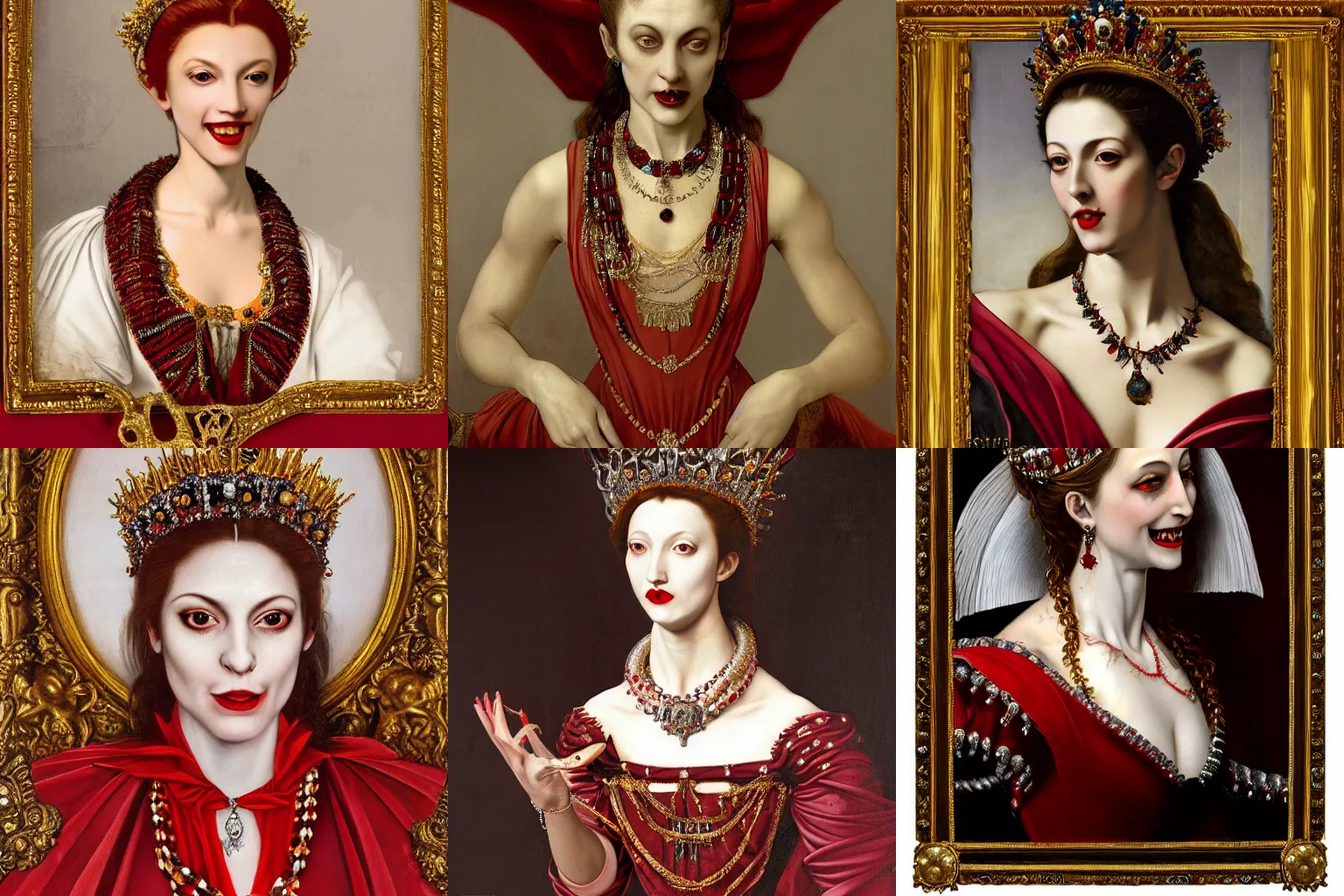 Image similar to A extremely highly detailed majestic hi-res beautiful head and shoulders painting of a beautiful bloody vampire woman with fangs wearing a long royal red silk dress, the crown jewels is on her head and around her neck is a ornate golden necklace decorated with diamonds and rupees and she is smiling wickedly by Michelangelo Merisi da Caravaggio, high detail, hyperrealistic, photorealistic, octante render, cinematic, high textures, royaltly, royal, hyper sharp, 4k insanely detailed and intricate, hypermaximalist, 8k, hyper realistic, super detailed, 4k HDR hyper realistic high,