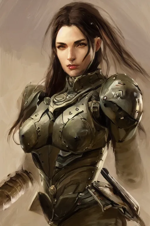 Image similar to a professionally painted portrait of an attractive young woman, clothed in military armor, olive skin, long dark hair, beautiful bone structure, symmetrical facial features, intricate, elegant, digital painting, trending on Artstation, concept art, smooth, sharp focus, illustration, from Metal Gear by Ruan Jia and Mandy Jurgens and Artgerm and William-Adolphe Bouguerea, award winning