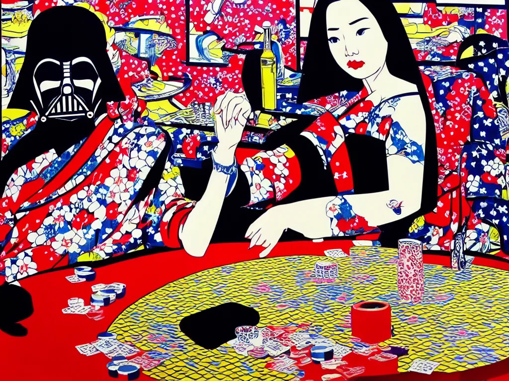 Image similar to hyperrealistic composition of the detailed woman in a japanese kimono sitting at a poker table with detailed darth vader, fireworks, mount fuji on the background, pop - art style, jacky tsai style, andy warhol style, roy lichtenstein style, acrylic on canvas