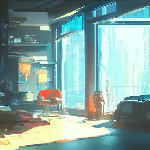 Image similar to the cyberpunk apartment, render, octane, 4k, highly detailed, vivid colors, high definition, by James Gilleard and Makoto Shinkai