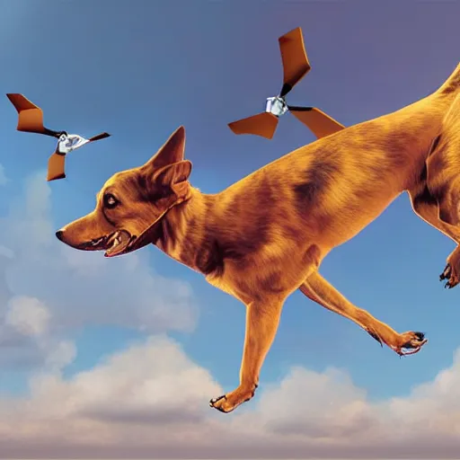 Prompt: flying dog with propeller on it's back flying like a helicopter, digital art, highly detailed