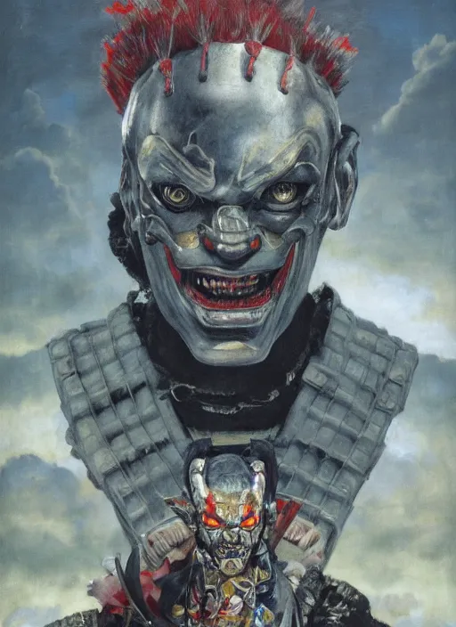 Image similar to portrait of a diabolical cyborg clown samurai, torn cape, adaptive armor, dynamic pose, heavy eyes to the side, ancient ruins, glowing veins subsurface scattering, in clouds, sunset, portrait, by gerald brom, by mikhail vrubel, by peter elson, muted colors, extreme detail, reflections, trending on artstation, 8 k