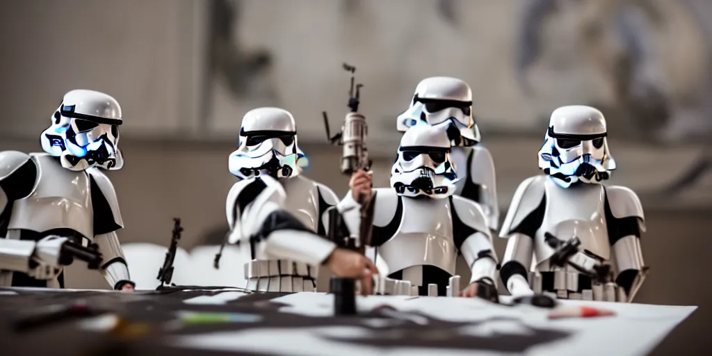 Prompt: closeup portrait of tin toy stormtroopers fighting on white paper table in an artist workshop, depth of field, zeiss lens, detailed, centered, fashion photoshoot, by nicoletta ceccoli, mark ryden, lostfish, breathtaking, 8 k resolution, extremely detailed, beautiful, establishing shot, artistic, hyperrealistic, octane render