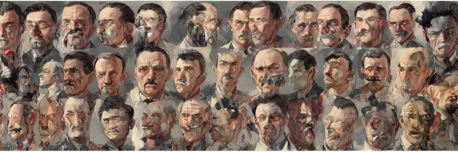 Image similar to colorful character faces, realistic mike patton and hitler faces, character sheet, fine details, concept design, contrast, kim jung gi, greg rutkowski and da vinci, trending on artstation, 8 k, emotional, face turnaround, front view, back view, side view, ultra wide angle