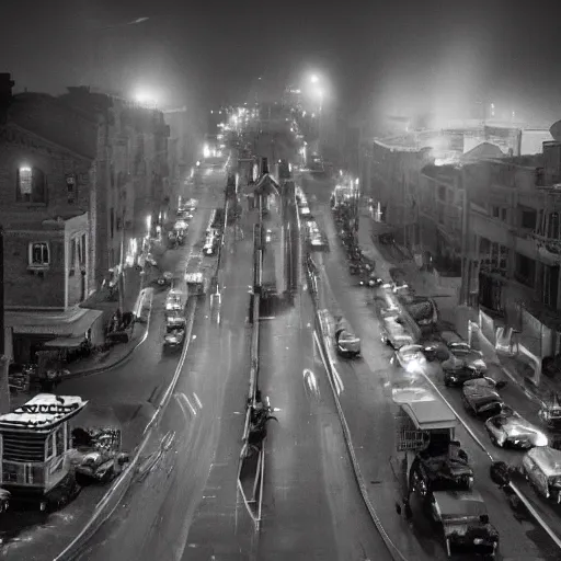 Prompt: A stunningly beautiful award-winning 8K high angle cinematic movie photograph of a foggy main intersection in an quiet 1950s small town at night, by Edward Hopper and David Fincher and Darius Khonji, cinematic lighting, perfect composition, moody low key volumetric light. Color palette from Seven. Shot from high, 3 point perspective
