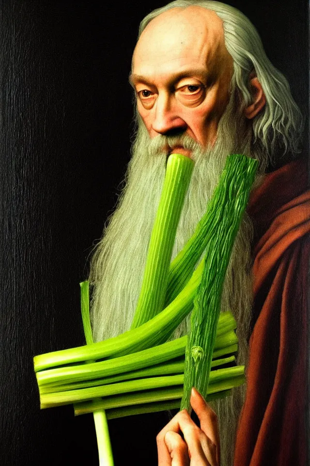 Image similar to bizarre renaissance portrait of dumbledore as a highly detailed celery stick, dramatic cinematic lighting, 8 k, beautiful intricate painting