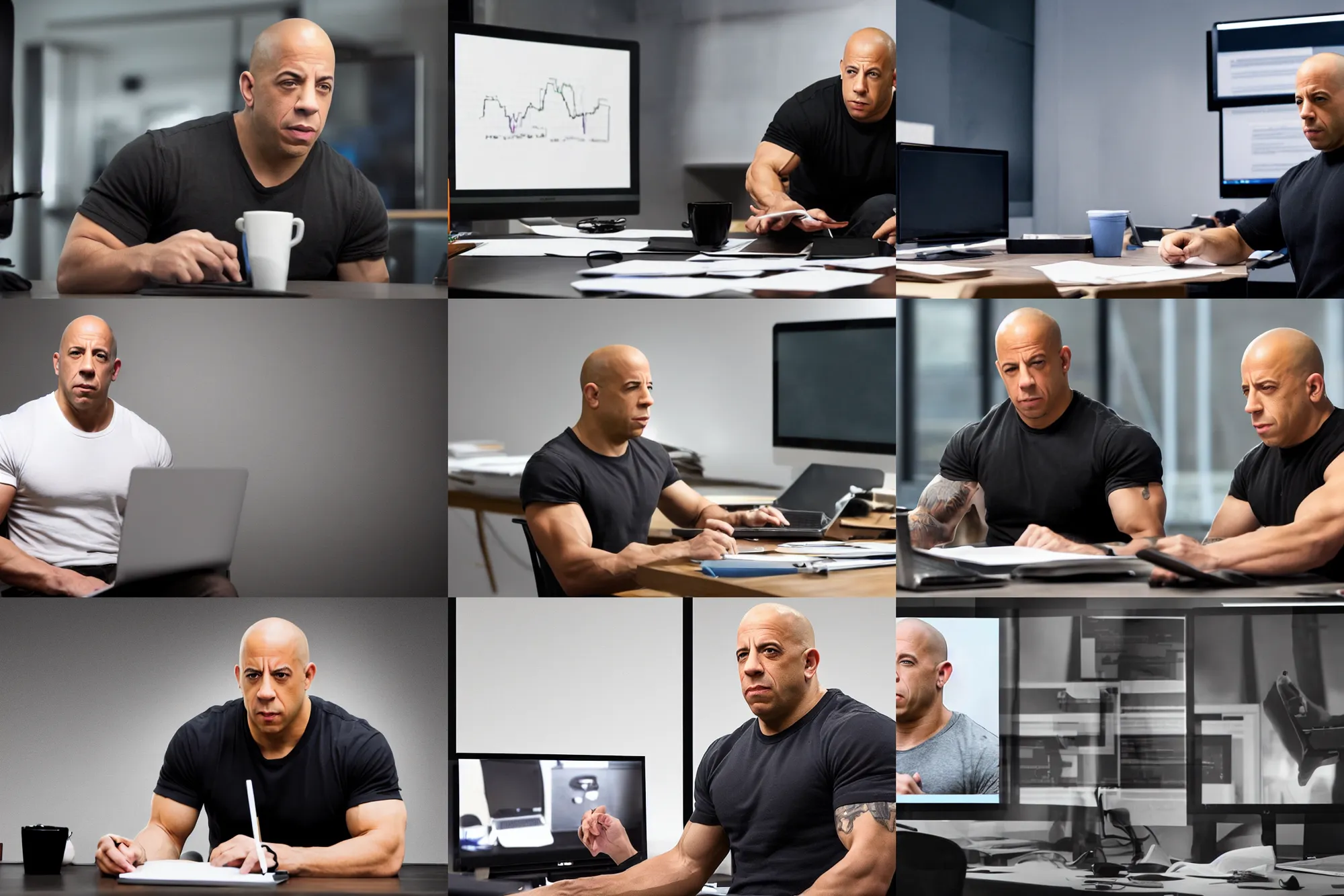 Prompt: anxious vin diesel working on his awfully bad progress update slides sitting at his desk, dark room, bright screen