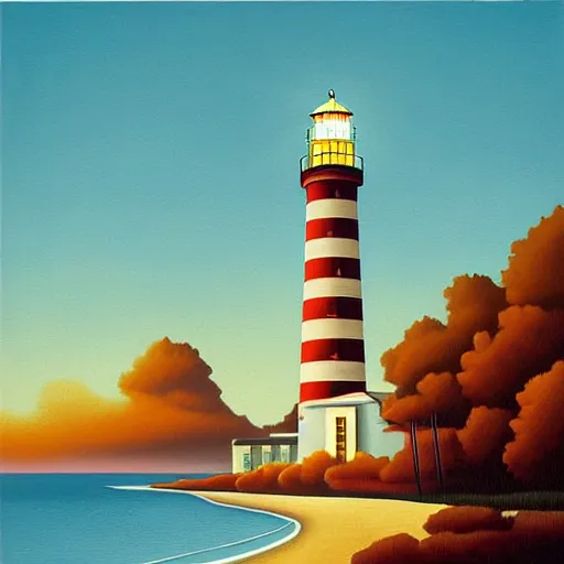 Image similar to a lighthouse illuminating the city, painting art style by kenton nelson