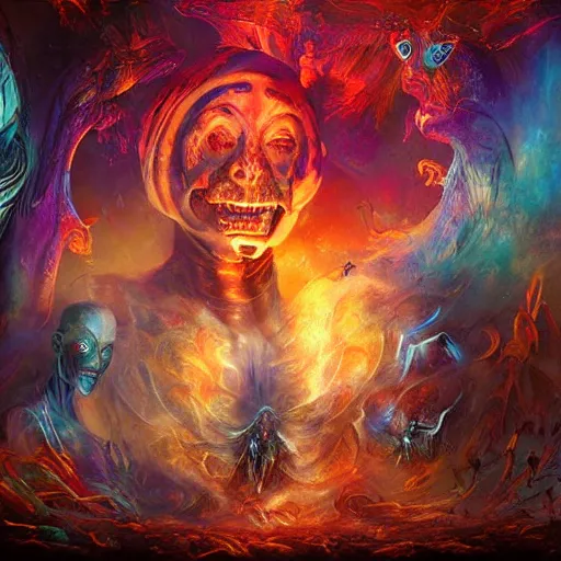 Image similar to dmt trip interdimensional beings by raymond swanland, highly detailed, bright tones