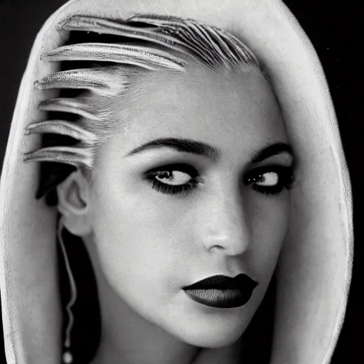 Prompt: black and white vogue closeup portrait by herb ritts of a beautiful female model, mexican, high contrast