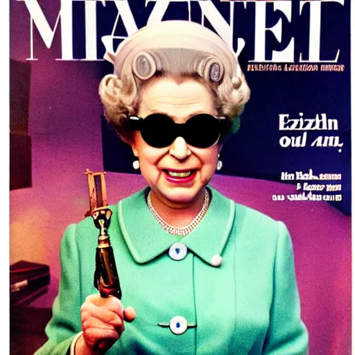 Prompt: magazine cover photo of Elizabeth II using gigantic steampunk googles portrait photo by Slim Aarons in 1965 TIMES magazine cover photo, color