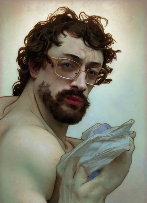 Prompt: Gigachad Sam Hyde puffing his chest, sigma male, accurately portrayed, portrait art by alphonse mucha and greg rutkowski, highly detailed, digital painting, concept art, illustration, dim lighting with twilight rays of sunlight, trending on artstation, very detailed, smooth, sharp focus, octane render, close up