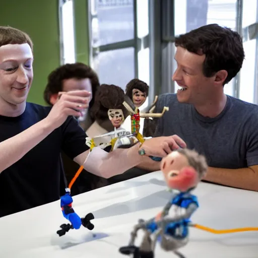 Image similar to Mark Zuckerberg alien puppeteering marionette mark zuckerberg. photograph.