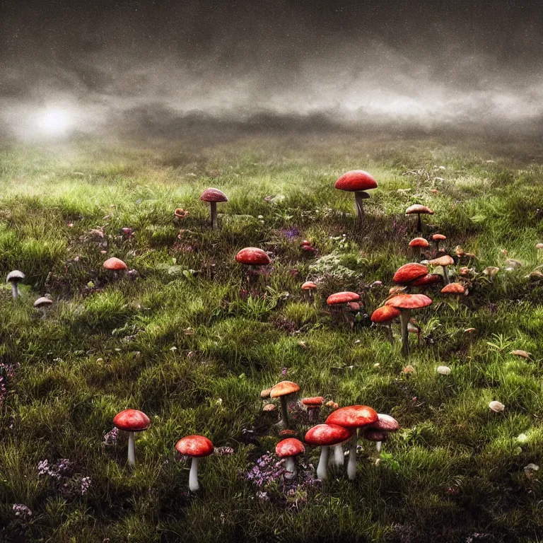 Image similar to a planet of various fungus, mushrooms, flowers and plants, inside the picture is infinity, Atmospheric, artistic photography, conceptual, long exposure outside the city, volumetric light