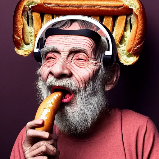 Image similar to Colour Photography of 1000 years old man with highly detailed 1000 years old face wearing higly detailed VR Headset. Man eating hot-dog in style of Josan Gonzalez