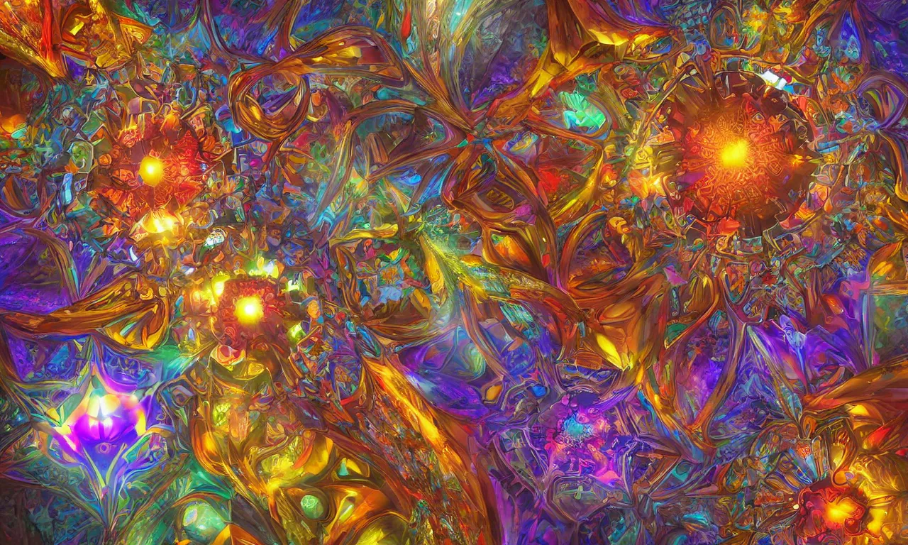 Image similar to voronoi engine laboratory 3 d volume kaleidoscope mandala fractal chakra digital multicolor stylized concept substance by artgerm, rossdraws, norman rockwell, magali villeneuve, gil elvgren, alberto vargas, earl moran, enoch bolles radiating a glowing aura global illumination ray tracing hdr