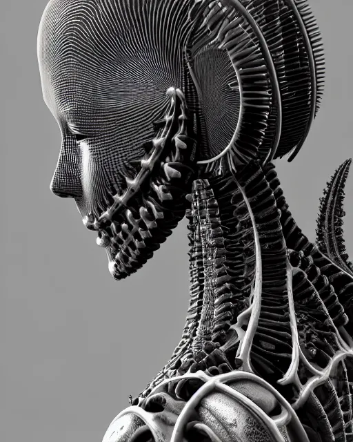 Prompt: mythical dreamy black and white organic bio-mechanical spinal ribbed profile face portrait detail of mechanical beautiful female angelic-vegetal-cyborg, highly detailed, intricate steampunk ornate, poetic, 3D render, digital art, octane render, 8K artistic photography, photo-realistic, by Dora Maar