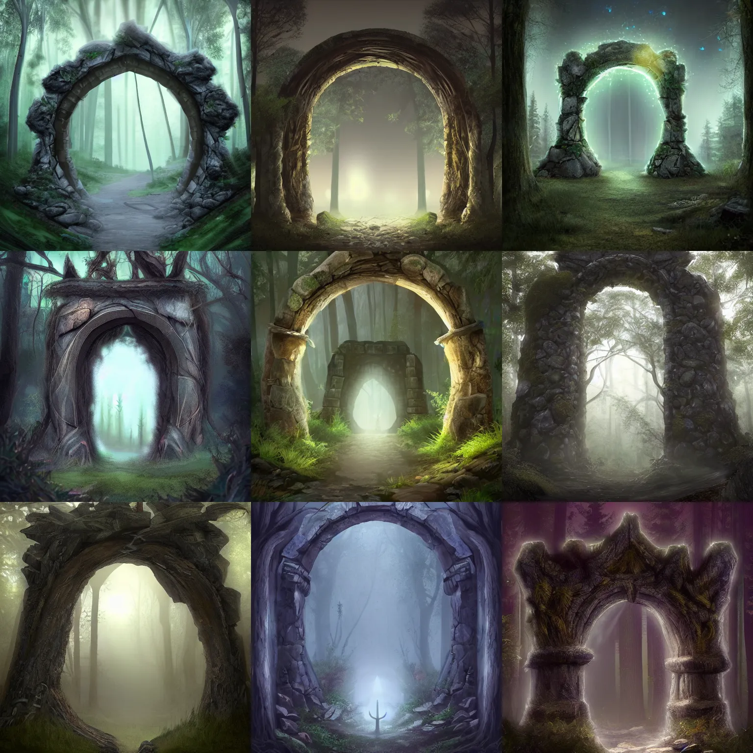 Prompt: A magical portal standing in the middle of a forest leading into another world. Gloomy, forest at night. Stone archway portal, centralized. Highly detailed, trending on artstation.