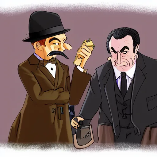 Prompt: Adrian Monk is asking for an autograph from Shelock Holmes. Hercule Poirot is looks at them with disdain in the background. Trending on artstation, deviantart