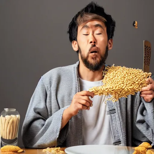 Prompt: battle weary samurai eating king wheat cereal as missiles fly above him