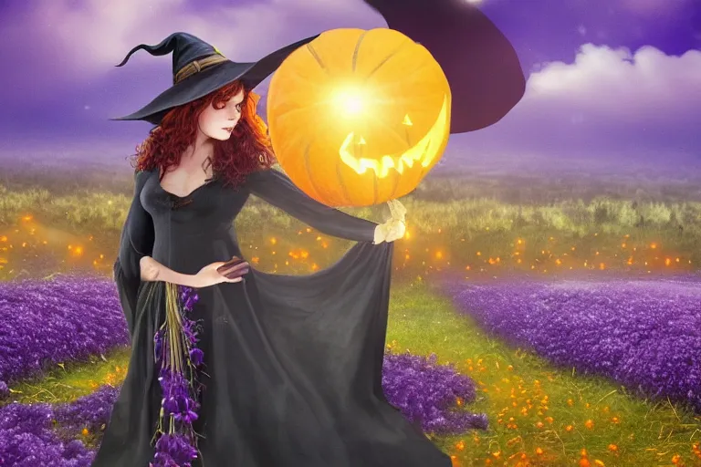 Prompt: a young witch, with a large hat covered in amethyst flowers and golden pumpkin, realistic detailed purple eyes, in a misty pumpkin field at night