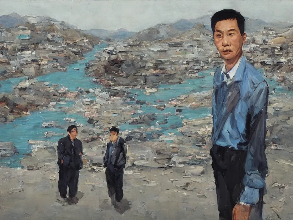 Prompt: ‘The Center of the World’ (Liu Xiaodong realist oil painting, large thick messy colorful brushstrokes, office worker next to a blue river and mountains) was filmed in Beijing in April 2013 depicting a white collar office worker. A man in his early thirties – the first single-child-generation in China. Representing a new image of an idealized urban successful booming China.