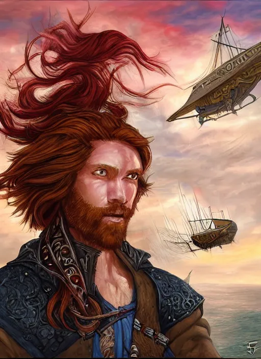 Image similar to an epic fantasy comic book style portrait painting of a long haired, red headed male sky - pirate in front of an airship in the style of the farseer series