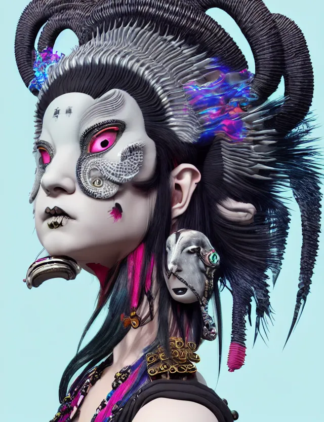 Image similar to 3 d goddess close - up profile portrait punk with mohawk with ram skull. beautiful intricately detailed japanese crow kitsune mask and clasical japanese kimono. betta fish, jellyfish phoenix, bio luminescent, plasma, ice, water, wind, creature, artwork by tooth wu and wlop and beeple and greg rutkowski