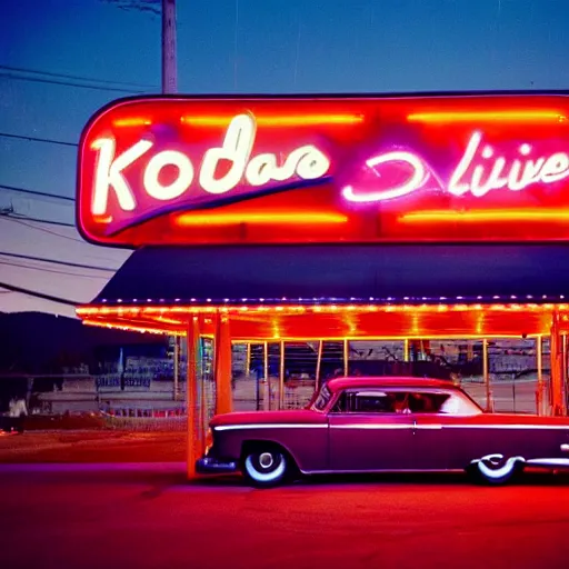 Image similar to kodachrome color photograph of a 1 9 5 0 s drive - in diner at night, taken in 2 0 2 2, neon - lights, googie architecture, americana