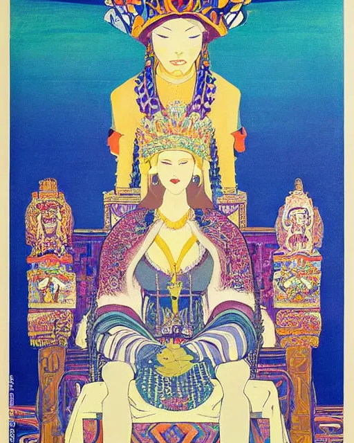 Image similar to a polish poster art representing a portrait of a queen on a carved stone throne by nicholas roerich, by gustave moreau, by james hawe, by yoshitaka amano, by georgia o keeffe, oil painting