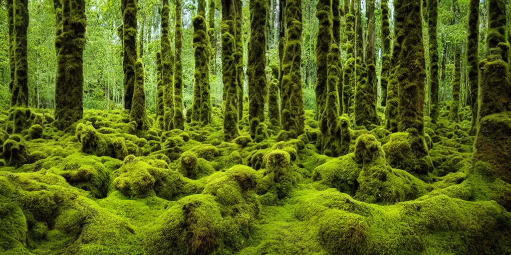 Image similar to photo of a landscape with lush forest, wallpaper, very very wide shot, iceland, new zeeland, green flush moss, national geographic, award landscape photography, professional landscape photography, iwagumi design, big sharp rock, ancient forest, primordial, sunny, day time, beautiful